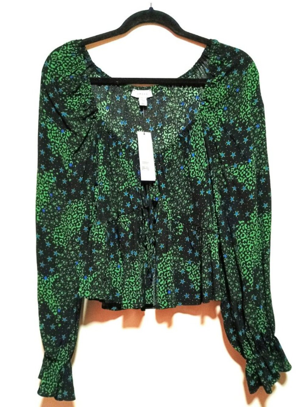 TopShop Crop Peplum Tie Front Shirt Black / Green  NWT